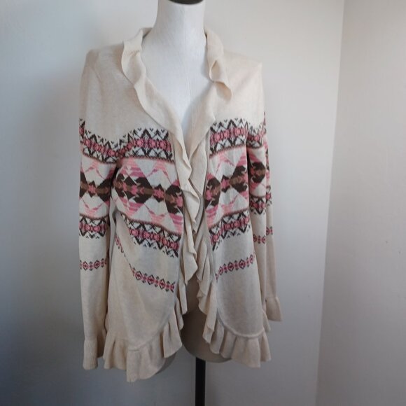 Pendleton Cardigan Ruffle Waterfall Style Cotton Aztec Neutral Print Women Large - Picture 5 of 15